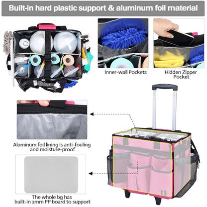 Rolling Cleaning Caddy Bag Built-in Hard Plastic Sheet Detachable Trolley - color: Rose Red