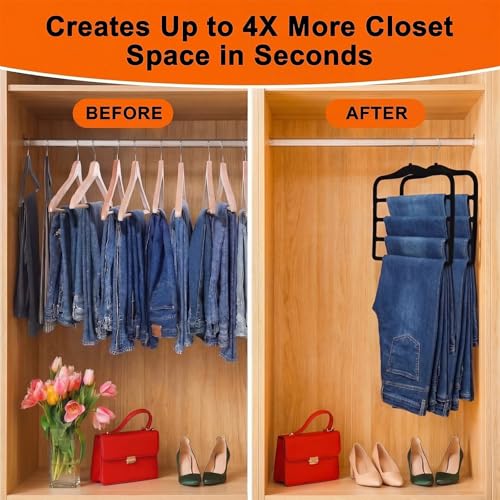 2-Pack Velvet Pants Hangers - Space Saving Multi-Layer Non-Slip Closet Organizers for Jeans, Trousers & Scarves - Ideal Dorm Room Storage Solution for Small Spaces - color: Black, size: 2 Pack