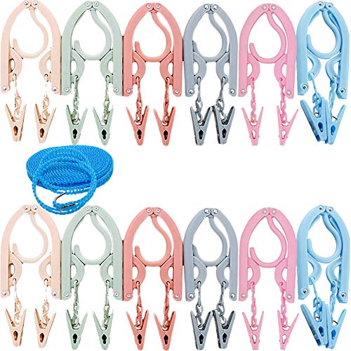 Foldable Multicolor Hangers12Pcs with 24Pcs Clips and 1Pcs Clothesline - size: 12 Pack Hanger with Clothesline