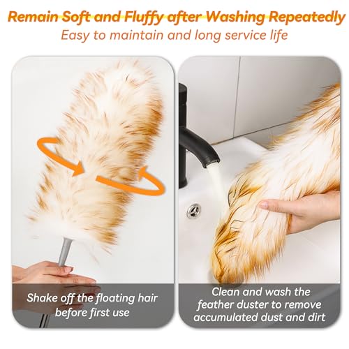 Lambswool Duster with Extendable Handle up to 88.58 in, Natural Feather Dusters Long Pole Stainless Steel, Fluffy Feather Duster for Cleaning High Floor Ceiling Fans, Window Blinds Shelves, Furniture