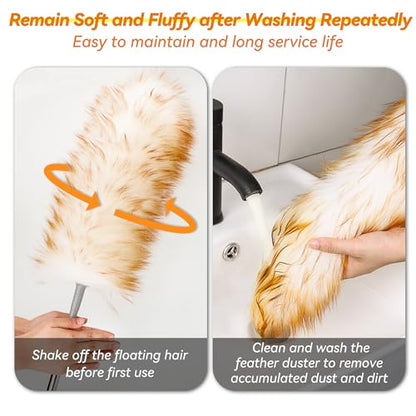 Lambswool Duster with Extendable Handle up to 88.58 in, Natural Feather Dusters Long Pole Stainless Steel, Fluffy Feather Duster for Cleaning High Floor Ceiling Fans, Window Blinds Shelves, Furniture