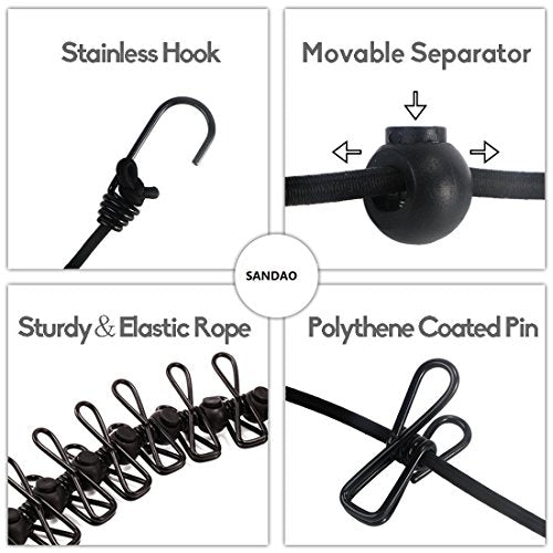 Portable Travel Clothesline, Adjustable Elastic Travel Camping Retractable Clothesline with 12pcs Clips for Outdoor and Indoor Use (Black) - color: Black