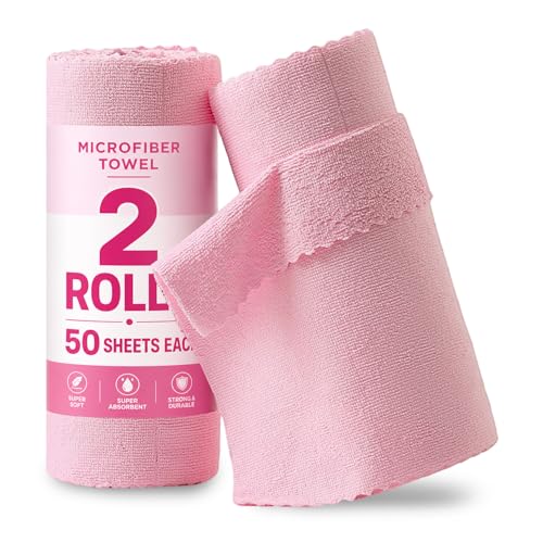 Jessy Home 2 Roll Reusable Paper Towels,100 Sheets Tear Away Microfiber Cleaning Cloth, Lint Free Cleaning Rags for Kitchen, Dishcloth,Household Cleaning Supplies - color: Airy Pink
