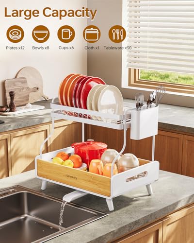 Urackify 2-Tier Stainless Steel&Bamboo Dish Rack for Kitchen Counter,White - color: White, size: 2 Tier