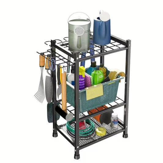 Garage Storage Rack, 70-Hole Multi-Scene Tool Organizer with Adjustable Feet & T-Handle Hooks, Indoor & Outdoor Tool Storage Holder for Broom, Mop, Shovel, No-Tool Assembly, Black