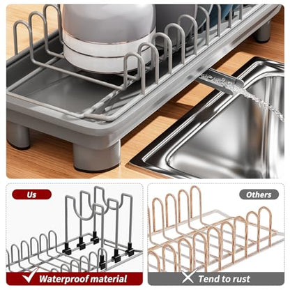 Small Dish Drying Rack, Stainless Steel with Drain Board & Utensil Holder - color: Gray