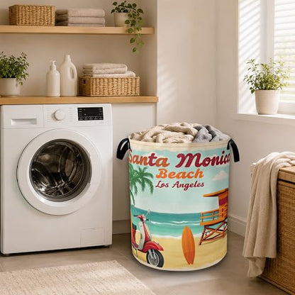 Summer Beach Laundry Basket, Foldable Laundry Hamper with Handles, Large Capacity Waterproof Clothes Storage Basket for Bedroom Bathroom College Dorm - color: Retro Summer Beach