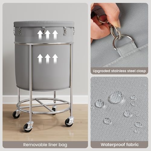 ELYKEN Laundry Basket with Wheels, Round Rolling Laundry Hamper, Gray - color: Gray, size: 190L