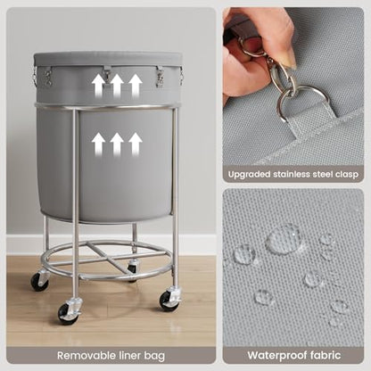 ELYKEN Laundry Basket with Wheels, Round Rolling Laundry Hamper, Gray - color: Gray, size: 190L