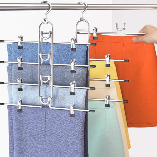 Pants Hangers With Clips, Newly Upgraded Detachable Space Saving Hangers for Skirts, Shorts & Trousers with Non slip clip,Heavy Duty Skirt Hangers - Hanging Closet Organizer And Storage,Patent Pending - color: Silver-4 Layers, size: 2pcs