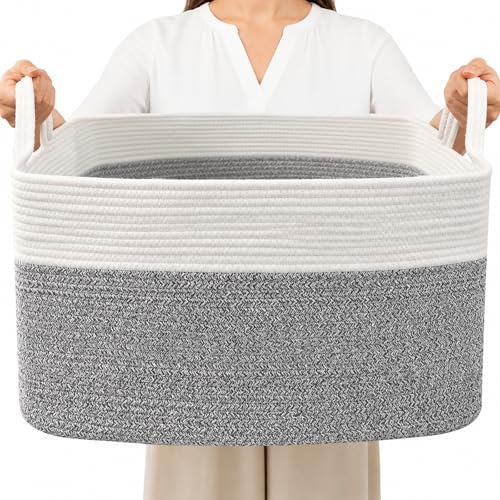 65L Laundry Basket with Handles, Woven Blanket Basket, White/Grey - color: White & Grey, size: 65L