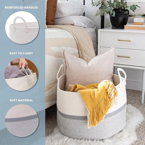 OrganiHaus Round Toy Basket & Blanket Basket, Cotton Rope 20x13" - color: Striped Gray, size: Wide