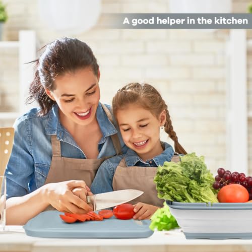 HI NINGER Collapsible Cutting Board with Colander, 9-In-1 Multi Chopping Board Kitchen Vegetable Washing Basket for Camping Gifts Camping Accessories for RV Campers - color: Gray