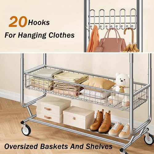 Gewudraw Clothes Rack Heavy Duty Load 1060 LBS With 4" Wheels,Commercial - color: Silver, style: Double Rod & Shelves