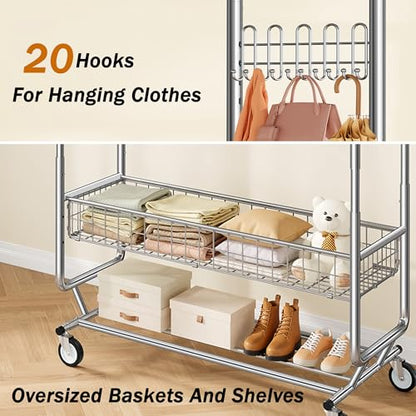 Gewudraw Clothes Rack Heavy Duty Load 1060 LBS With 4" Wheels,Commercial - color: Silver, style: Double Rod & Shelves