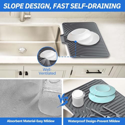 Dish Drying Mat for Kitchen Counter, with Built-in Drain Lip, Food-Grade Silicone, Easy Clean Pad for Countertop Protection, Multi-Functional Use (14.7x10.2, Grey) - color: Gray, style: 14.7x10.2