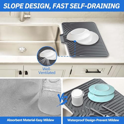Dish Drying Mat for Kitchen Counter, with Built-in Drain Lip, Food-Grade Silicone, Easy Clean Pad for Countertop Protection, Multi-Functional Use (14.7x10.2, Grey) - color: Gray, style: 14.7x10.2