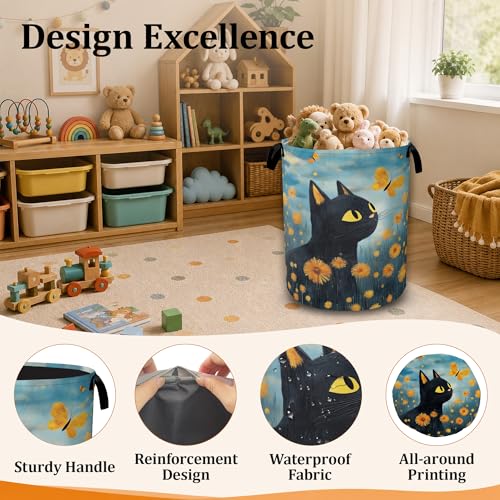 Black Cat Laundry Hamper with Sturdy Handles, Collapsible Laundry Basket, Waterproof Clothes Storage Organizer, Large Capacity for Bathroom Bedroom - color: Black Cat in Flower