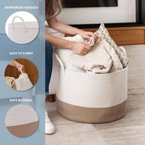 OrganiHaus Round Toy Basket & Blanket Basket, Cotton Rope 20x13" - color: Honey / Off-White, size: Wide