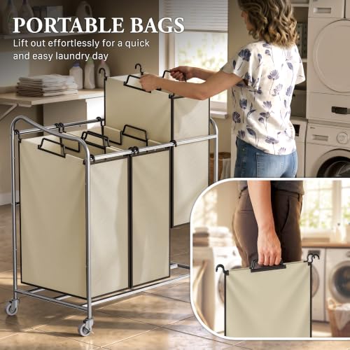 Simple Houseware Heavy Duty 3-Bag Laundry Sorter Rolling Cart, Chrome - color: Chrome