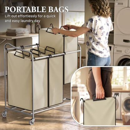 Simple Houseware Heavy Duty 3-Bag Laundry Sorter Rolling Cart, Chrome - color: Chrome