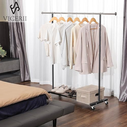 VICERII Clothes Rack, 130LB Capacity Heavy Duty Clothing Rack with Wheels and Bottom Shelf, 52.17 Inch Rolling Racks for Hanging Clothes, Coats, Shirts, Sweaters, Skirts, Dress, Black - color: Matte Black, size: Single