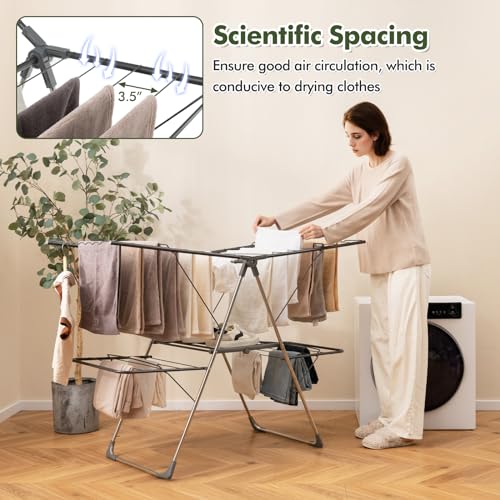 Tangkula Laundry Drying Rack, Foldable Clothes Drying Rack with Height Adjustable Wings, 33 Drying Rails & Sock Clips, Freestanding Gullwing Garment Stand for Indoor & Outdoor Use (Sliver+Grey) - color: Sliver+grey