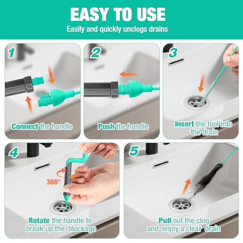40inch Bathroom Drain Hair Remover Tool with Rotating Handle, Reinforced Steel Core Drain Snake Cleaner for Shower, Bathtub and Bathroom Sink, Flexible Hair Clog Removal Tool for Narrow Drains(6PCS)
