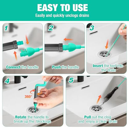 40inch Bathroom Drain Hair Remover Tool with Rotating Handle, Reinforced Steel Core Drain Snake Cleaner for Shower, Bathtub and Bathroom Sink, Flexible Hair Clog Removal Tool for Narrow Drains(6PCS)