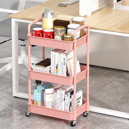 MOYIPIN 3-Tier Plastic Rolling Utility Cart with Handle,Utility,Pink - color: Pink, size: 3-Tiers without cups