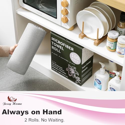 Jessy Home 2 Roll Reusable Paper Towels,100 Sheets Tear Away Microfiber Cleaning Cloth, Lint Free Cleaning Rags for Kitchen, Dishcloth,Household Cleaning Supplies - color: Ash Gray
