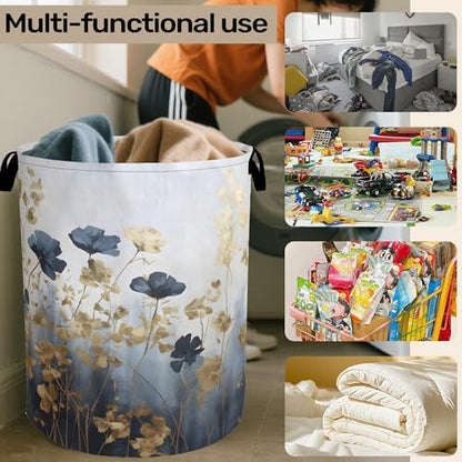 Blue Flowers Laundry Basket - Extra Large Foldable Laundry Hamper with Handles, Washable Storage Bin for Bathroom/Laundry/Bedroom/Dorm - color: Blue Luxury Flowers