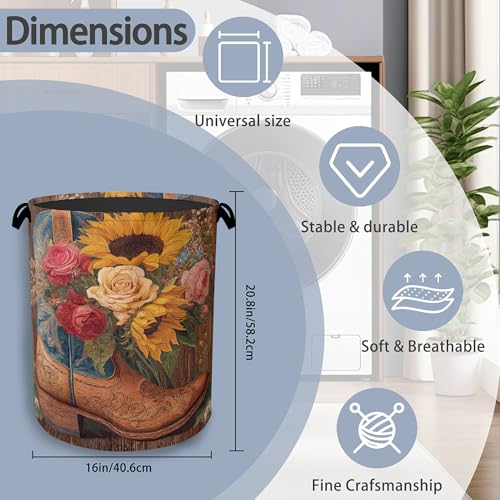 Cowboy Boots Laundry Basket,Wooden Sunflowers Foldable Oxford Cloth Tote Bag Laundry Hamper Clothes Storage Bucket Organizer for Bedroom Laundry Storage Dormitories 16" x 20.8" - color: Cowboy Boots Wooden Sunflowers