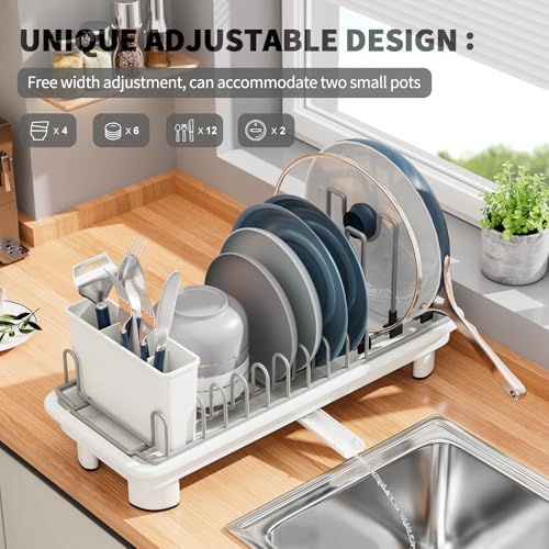 Small Dish Drying Rack, Stainless Steel with Drain Board & Utensil Holder - color: White