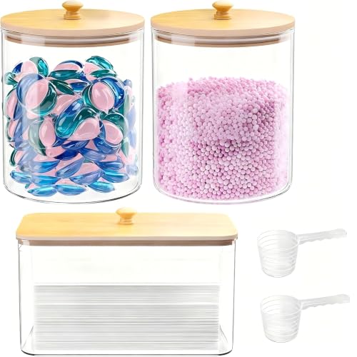 HomePekite Glass Laundry Pods Storage Container & Acrylic Dryer Sheet Holder, Laundry Room Organization and Storage, Detergent Powder Container, with Wooden Lids & Labels, 2+1 Pack - color: Bamboo