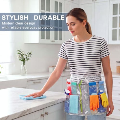 Clear Cleaning Apron with 5 Pockets and Adjustable Belt, Waterproof Caddy Aprons for Gardening Work of House Hotel - color: White