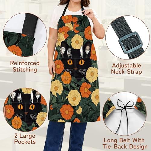 Cooking Aprons for Men and Women,Adjustable Bib Chef Apron with 2 Pockets, Soft and Durability Kitchen Apron - color: Black Cat Flowers