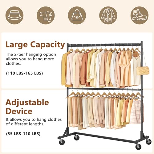 Hoctieon Double Rod Z Rack, Rolling Clothes Racks with Z-Base, Adjustable Clothing Rack, Standing Clothes Rack, Metal Clothing Racks for Hanging Clothes, Portable Garment Rack, Black - color: Black (1 Pack)