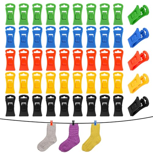 50pcs Sock Clips with Hook, Multi-Color Sock Chip Clip Plastic Sock Holder Laundry Clips for Pairs Amazing Clothes Pins Hanger Clips Food Bag Clips (5 Colors)