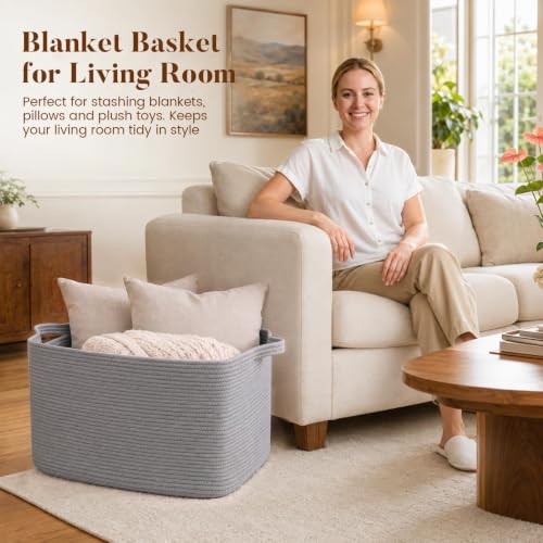 65L Large Woven Blanket Basket for Living Room, 19.7"x15.7"x11.8" - color: Light Grey, size: 24"x16.9"x14.2"