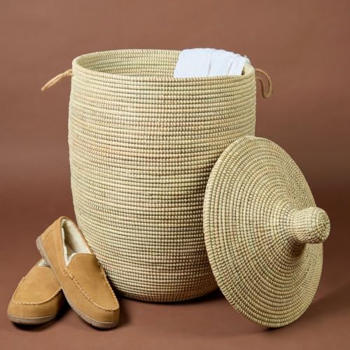Tall Laundry Hamper with Lid and Handles, Beige Wicker Storage Basket for Bedroom, 18" Wide, 23" Tall - color: Beige