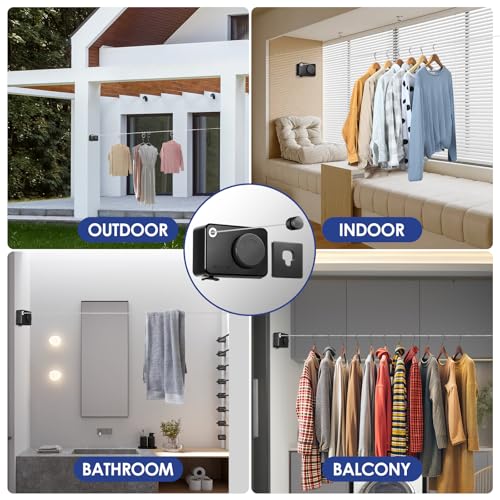 Retractable Clothesline Indoor, Non-Sagging Clothes Line Retracting Outdoors,13.8Ft Heavy Duty Clothes Drying Laundry Line, Wall Mounted Clothesline with 5pcs Hooks (RectangleBlack) - color: Black-13.8ft