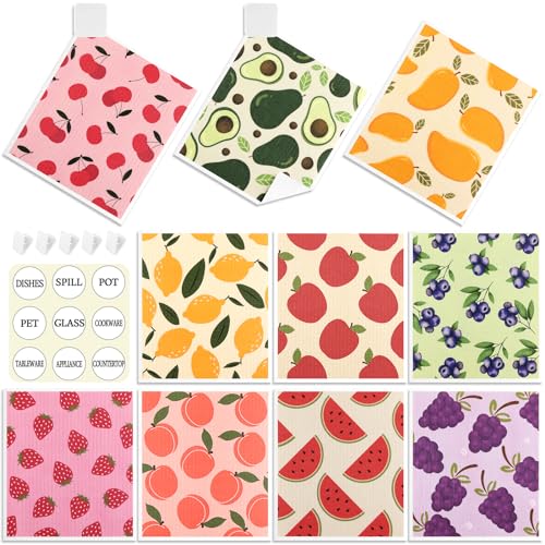 10 Pack Swedish Dishcloths for Kitchen- Reusable Paper Towels Washable Swedish Cloths Fruit Prints Dish Wipes with Adhesive Clips- Super Absorbent Fast Drying Kitchen Sponge for Cleaning Dishes - color: 10 Pack-fruits Prints+ Clips