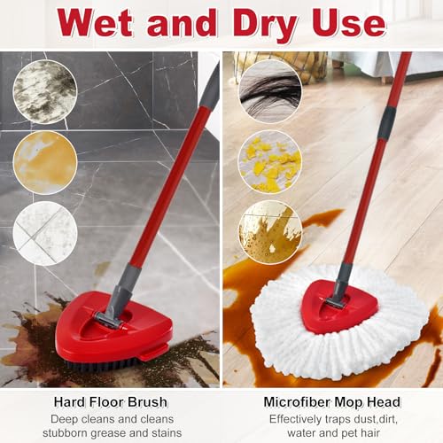 Spin Mop Handle,Mop Replace Heads,Brush and Base Compatible with O Cedar EasyWring 1 Tank,2 Microfiber Mop Refills and Brush,4-Section 30-58" Mop Handle,Mop Base Combo Set for Wet/Dry Floor Cleaning - size: 1Handle+2Refills+1Base+2Scrub Brush（1 Tank Syste