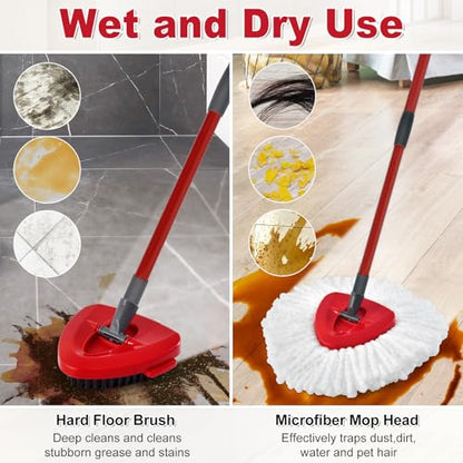 Spin Mop Handle,Mop Replace Heads,Brush and Base Compatible with O Cedar EasyWring 1 Tank,2 Microfiber Mop Refills and Brush,4-Section 30-58" Mop Handle,Mop Base Combo Set for Wet/Dry Floor Cleaning - size: 1Handle+2Refills+1Base+2Scrub Brush（1 Tank Syste