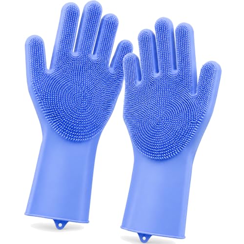 Silicone Dishwashing Gloves with Scrubber Bristles, Food-Grade Cleaning Mitts for Kitchen Dishes, Pet Grooming & Car Wash - color: Blue