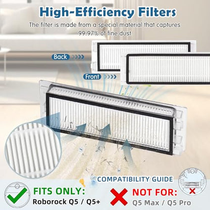 VIEWALL 20Pcs Q5 Replacement Accessories Kit Compatible with Roborock Q5 / Q5+ Plus Robot Vacuum, 2 Main Brushes, 8 HEPA Filters, 8 Side Brushes, 1 Cleaning Tool, 1 Screwdriver, Black, VW-Q5-RP-20P
