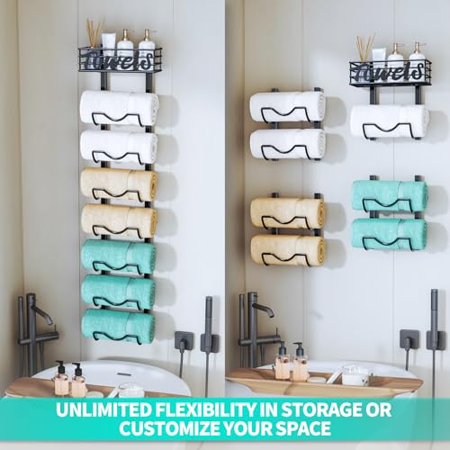 HapiRm Over The Door Towel Rack - 8 Tier Wall Mount Rolled Towel Holder Storage Organizer Shelf with Storage Basket for Small Bathroom, Rv, Camper - Black - size: 8-Tier Wall Mounted