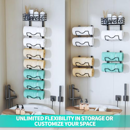 HapiRm Over The Door Towel Rack - 8 Tier Wall Mount Rolled Towel Holder Storage Organizer Shelf with Storage Basket for Small Bathroom, Rv, Camper - Black - size: 8-Tier Wall Mounted