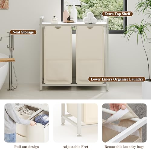Laundry Sorter, 2 Section, 26.8x13x28.5 Inch - size: 2 Bags-97L / White + Beige